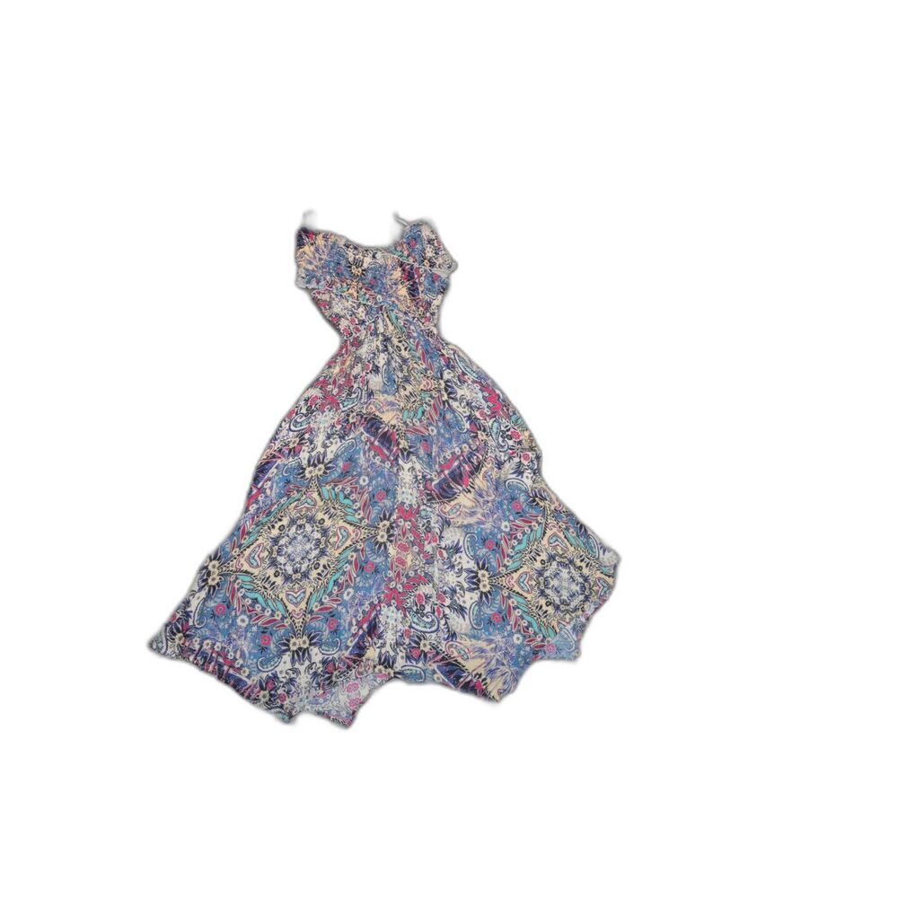By Anthropologie Smocked Gauze Criss-Cross Dress Blue Motif Boho Medium - Picture 4 of 16